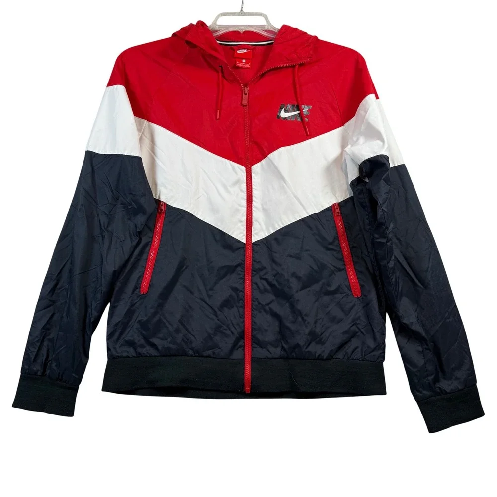 Nike Windrunner Jacket Mens Medium Red White Navy Blue Colorblock Hooded Zip